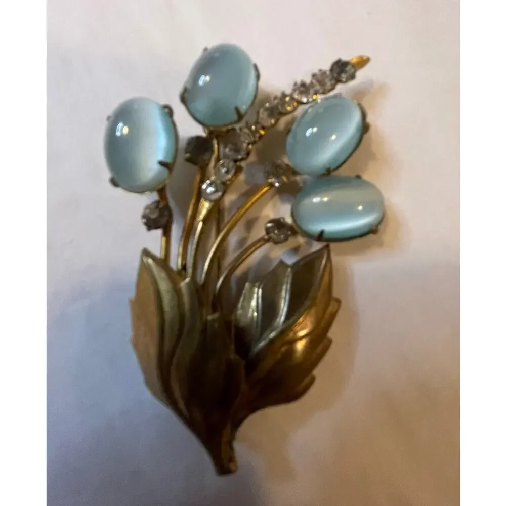 Brooch - Vintage mid-century sky blue and rhinestone brooch